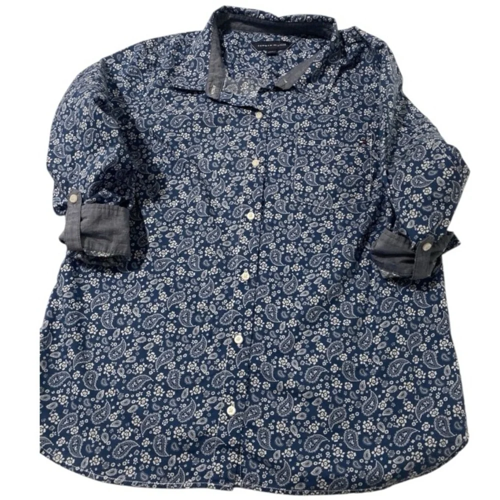 Vintage Floral Blouse Tommy Hilfiger Chambray Blue Cotton Minimalist Size XL - Picture 9 of 17